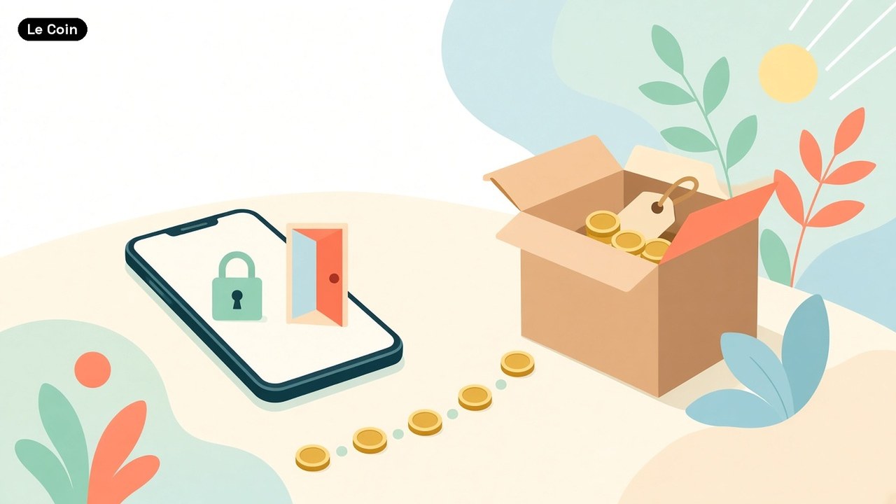 Flat illustration of a smartphone on a pale desk showing a padlock and a closing door, with a dotted trail of gold coins leading to an open moving box that holds more coins and a blank key tag.