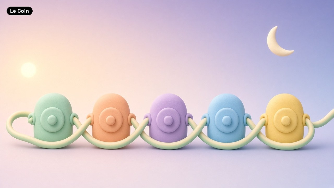 Five small pastel vault-door tokens in mint, peach, lilac, blue and yellow are linked by one continuous green ribbon, under a sky that shifts from a morning sun to a crescent moon.