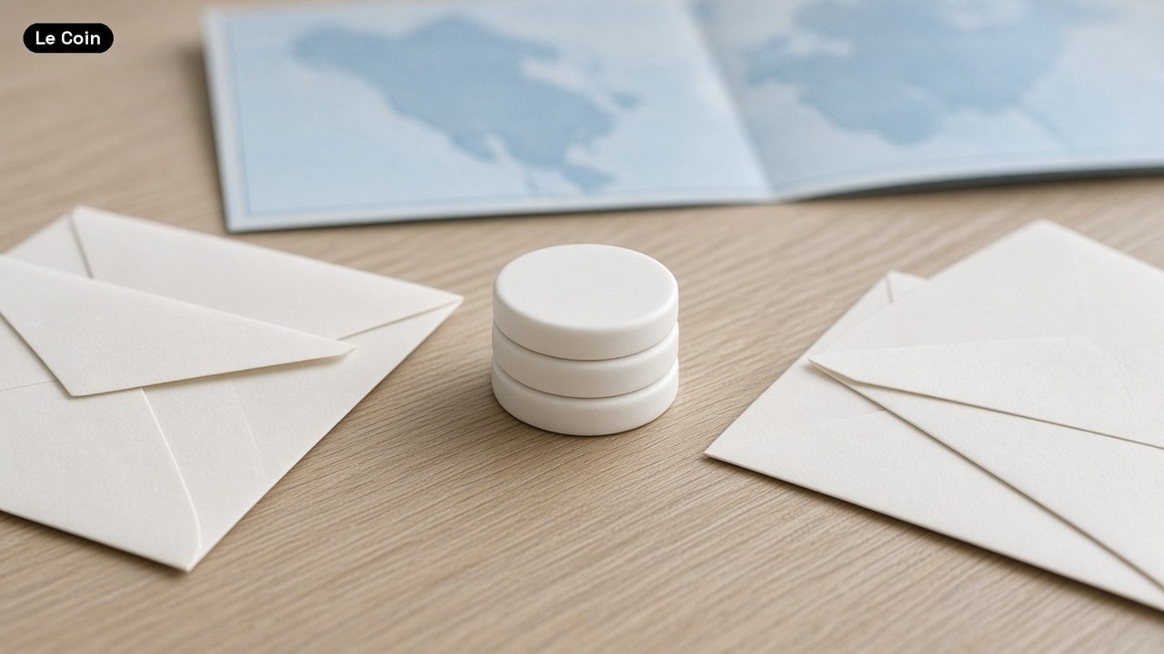 Three plain white tokens stand in a single stack on a pale wood table, between blank envelopes and an unlabeled pale-blue map.