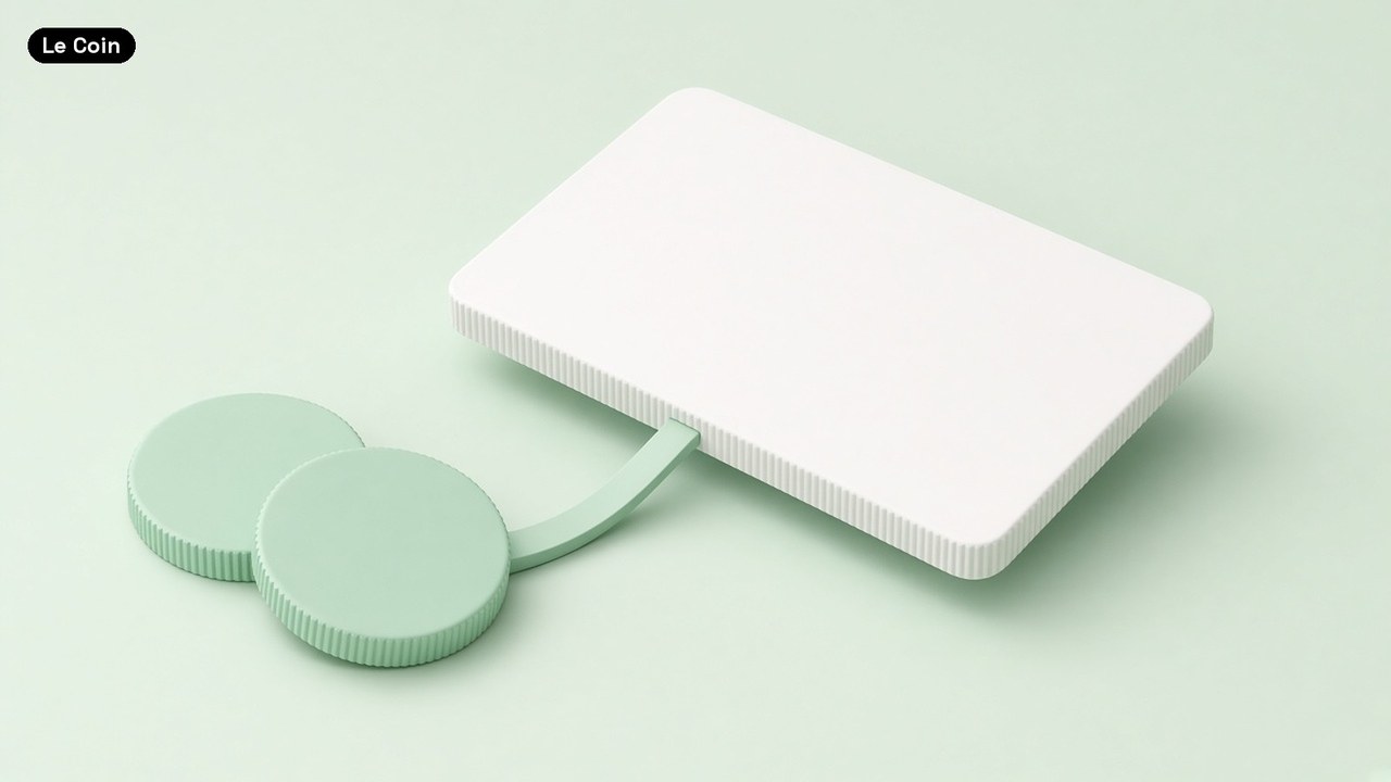 A blank white card with a coin-ridged edge is joined by a curved green ribbon to two pastel-green coins on a pale mint background.