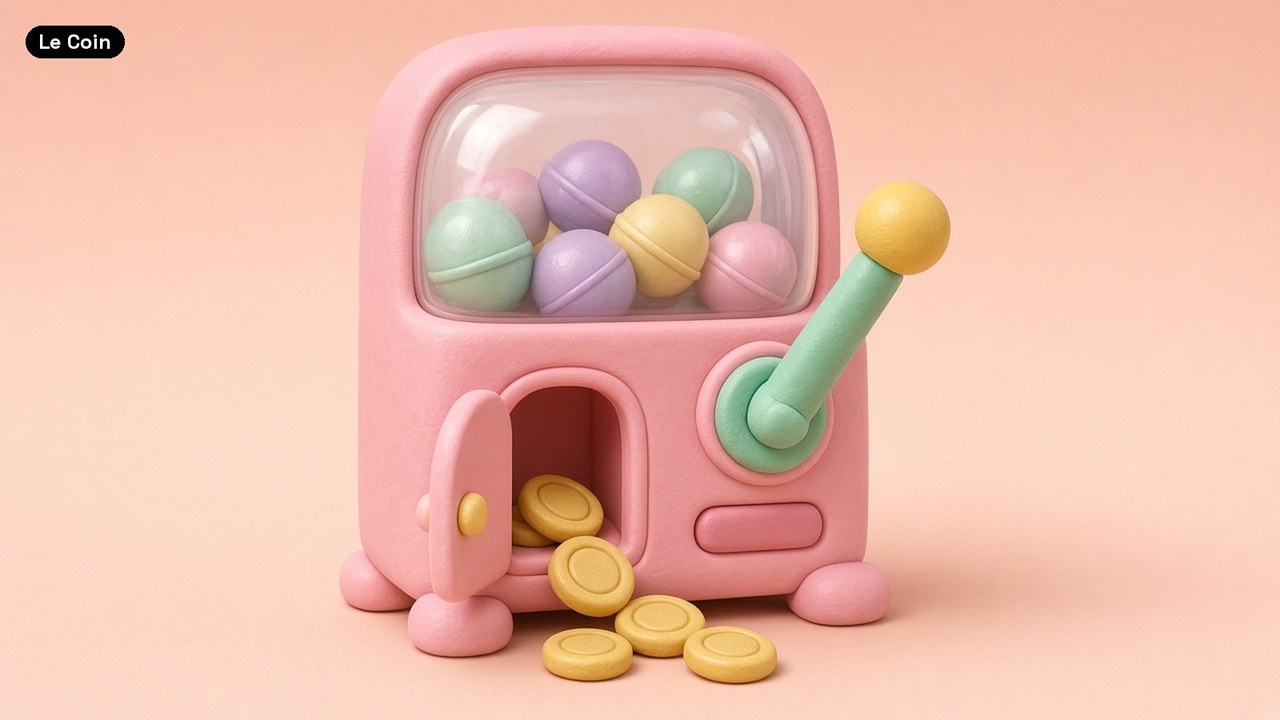 A pastel pink clay capsule machine full of pastel balls has its little hatch open, spilling plain gold coins, while a mint lever with a yellow knob tilts up on its side, on a peach background.