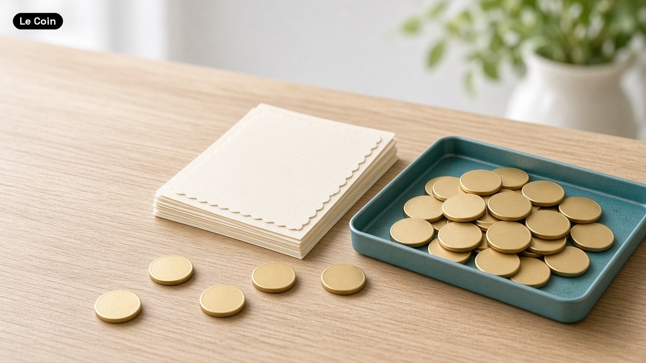 A teal tray full of plain gold coins sits on a pale oak table beside a stack of blank cream certificates, with a short line of loose coins leading toward it.