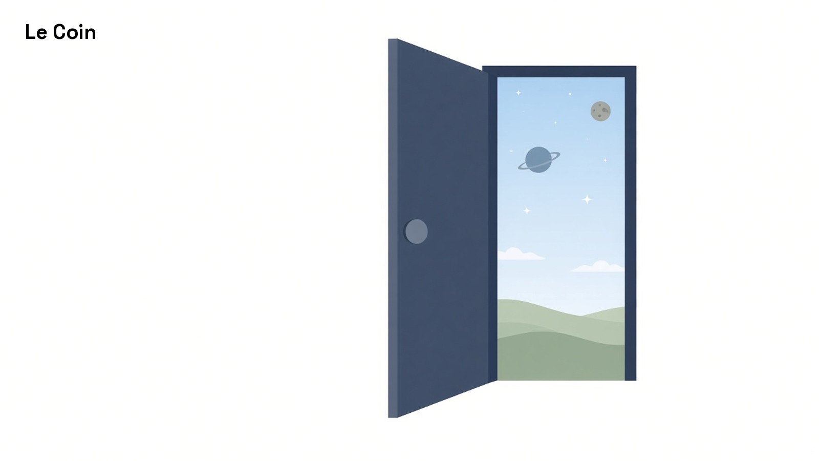 Flat illustration of a dark blue door swung open onto a wide horizon of green hills, sky and distant planets.