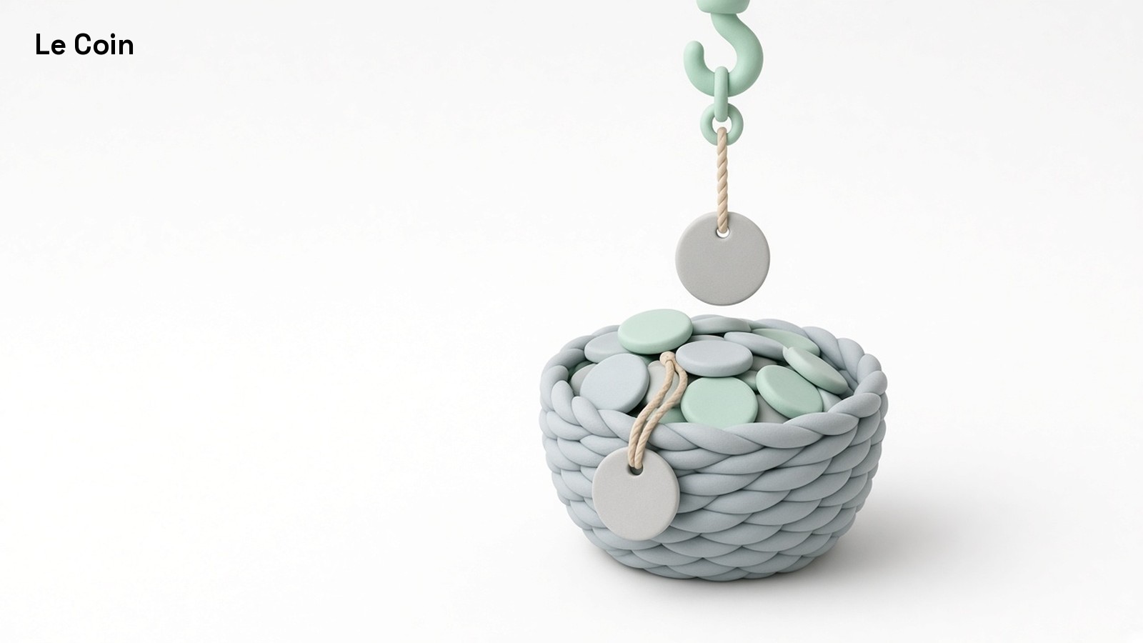 Pastel 3D illustration of a basket of mint and grey coins as a hook lowers a new blank tag to replace the old one.