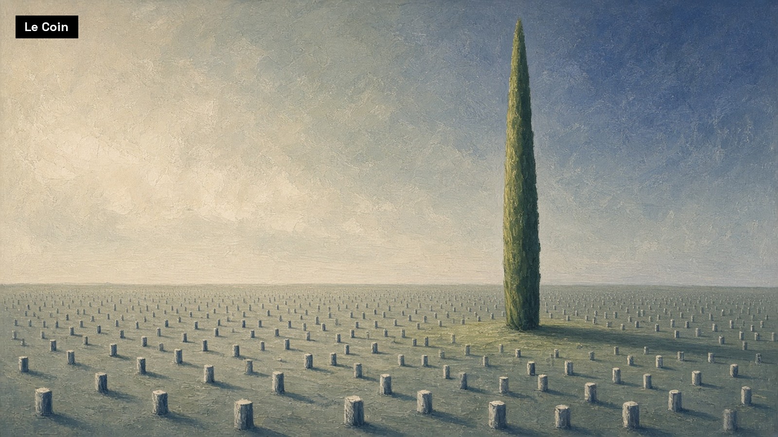 Painted illustration of one tall cypress tree rising above a wide field of short tree stumps.