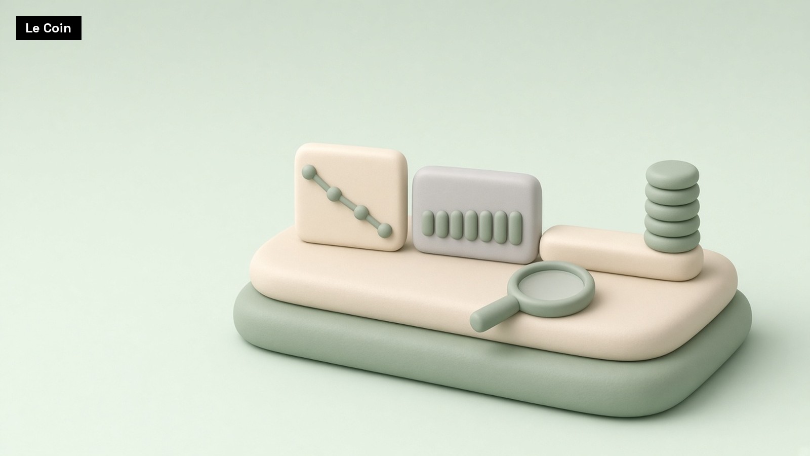 Pastel 3D illustration of chart tiles, a magnifying glass and a coin stack.