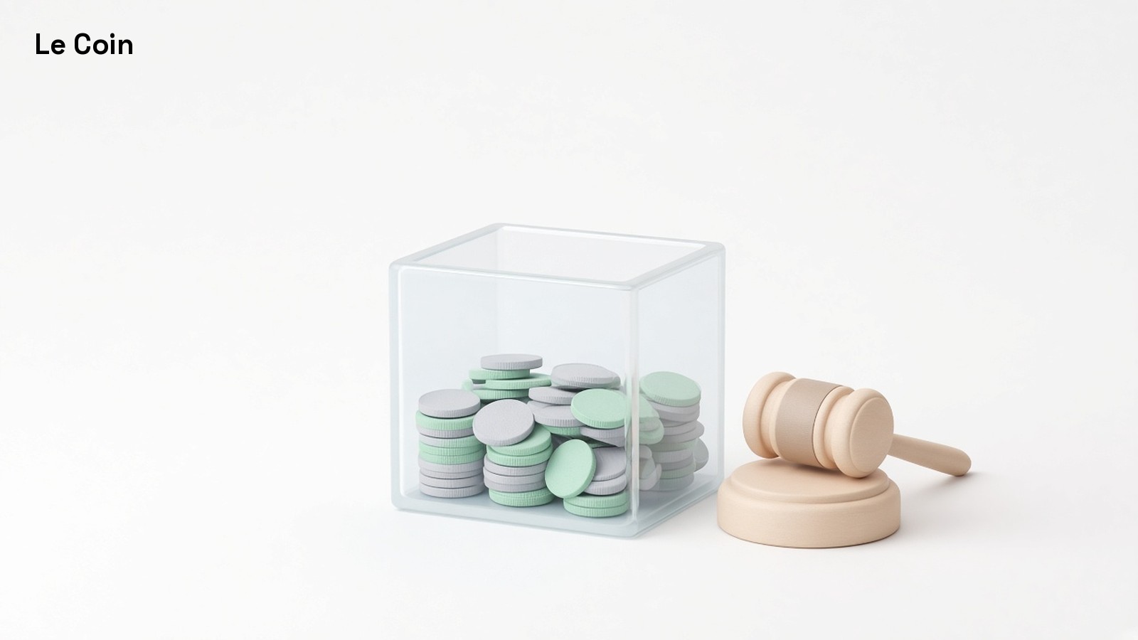Pastel 3D illustration of a half-empty glass cube of grey and mint coins beside a wooden gavel.
