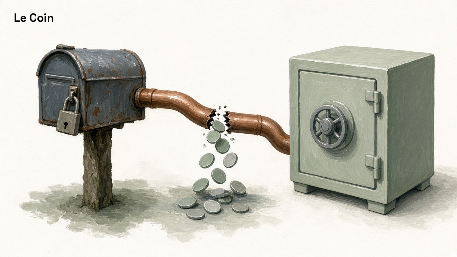 Painted illustration of an old padlocked mailbox feeding coins through a cracked pipe toward a safe, with some coins spilling onto the ground.