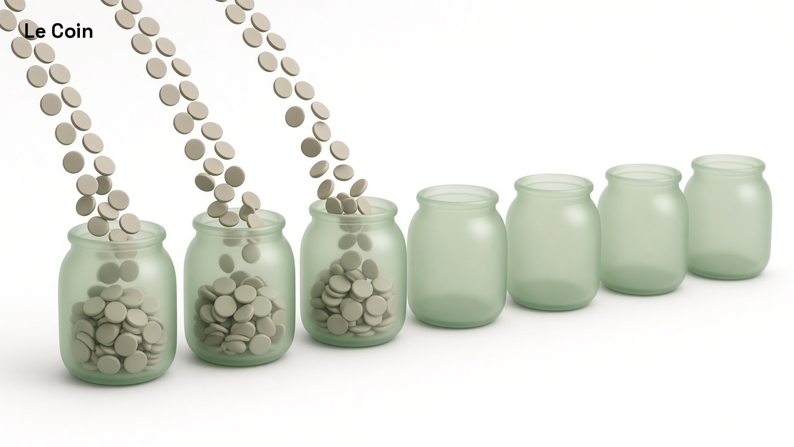 Pastel 3D illustration of grey coins pouring into three pale green jars beside four empty ones.