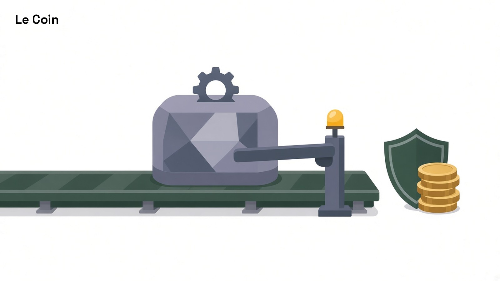 Illustration of an upgrade module halted at a barrier on a conveyor, beside a stack of coins in front of a shield.