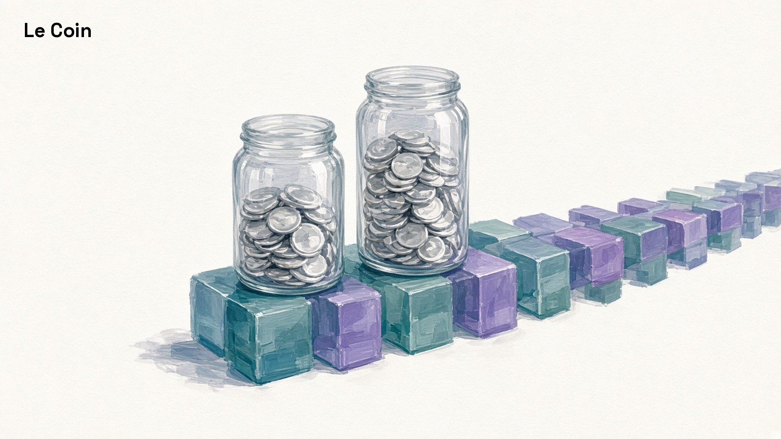 Painted illustration of two glass jars of coins resting on a long track of teal and violet blocks.