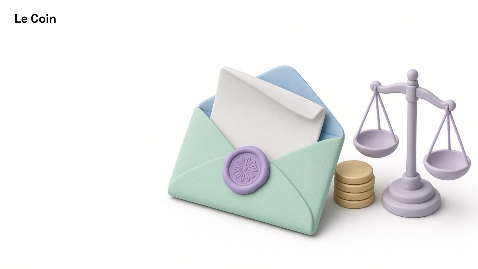 Illustration of an open envelope with a blank letter, a small stack of coins and a balance scale.