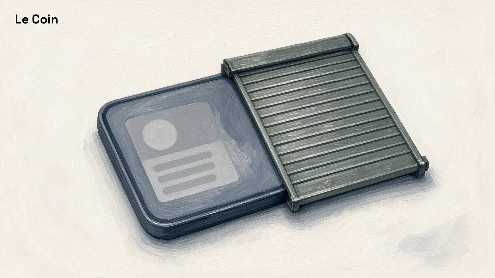 Painted illustration of a phone showing a blank grey profile card, half covered by a closed metal shutter.