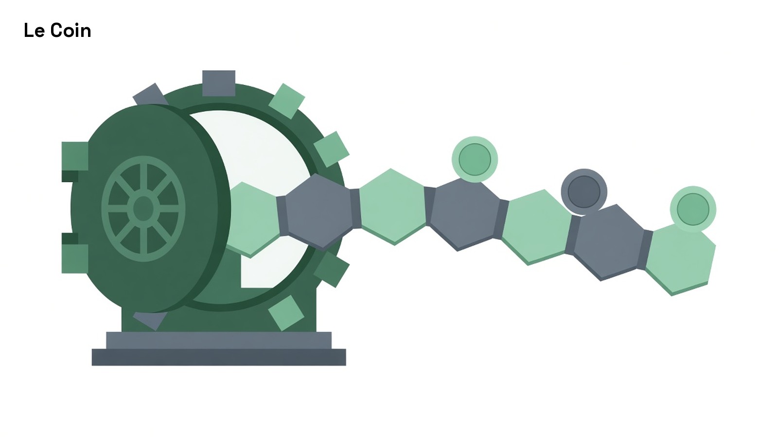 Flat illustration of an open bank vault door leading into a chain of linked hexagon blocks carrying coins.