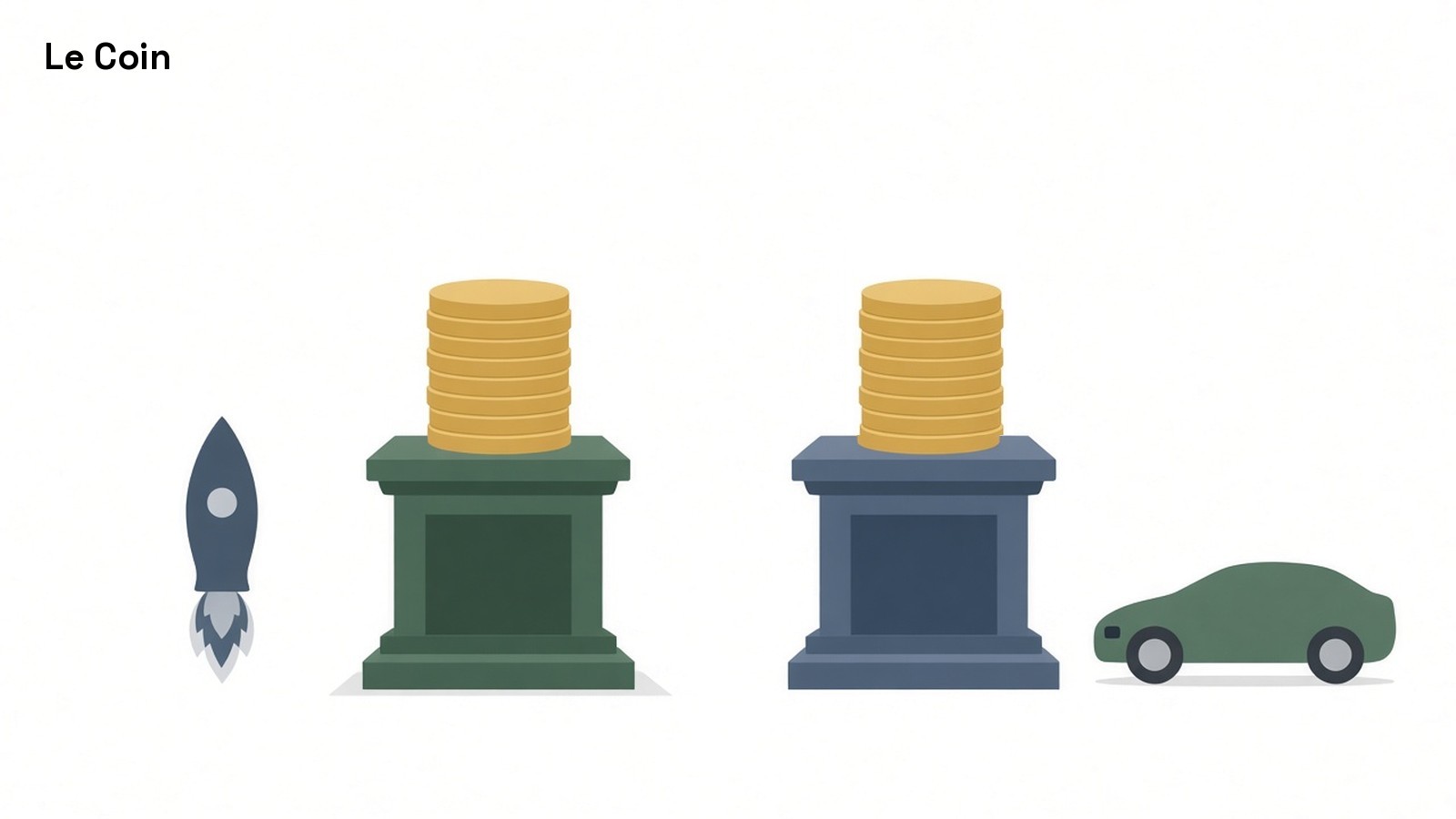 Illustration of two separate stacks of gold coins on pedestals, one beside a rocket and one beside a car.