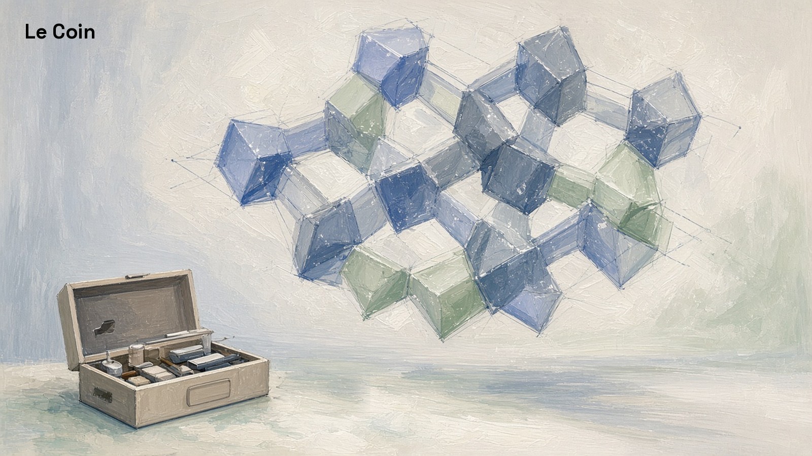 Painted illustration of a lattice of blue and green crystal blocks sketched in the air above an open toolbox.