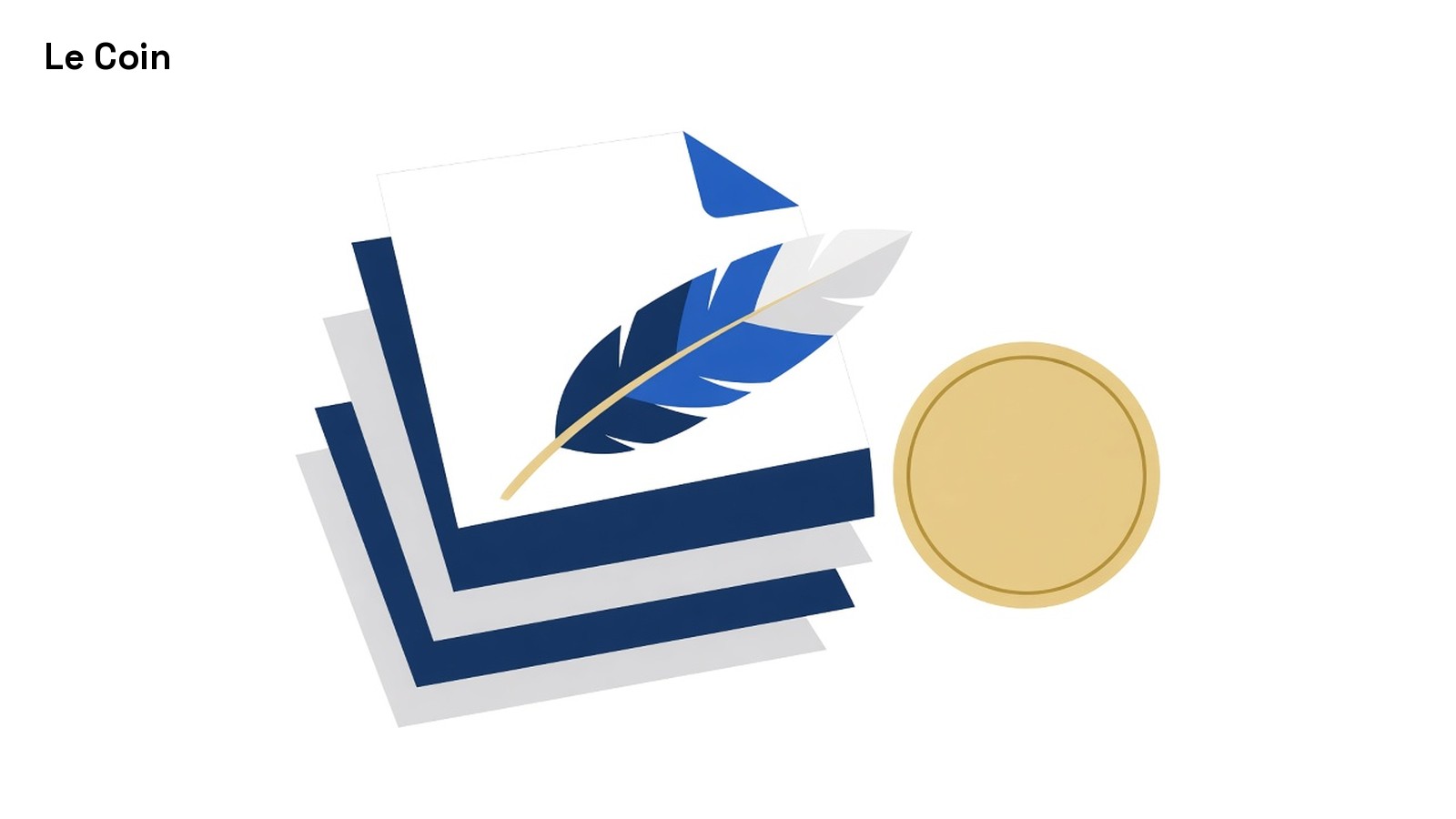 Flat illustration of a stack of blank legal papers with a blue quill, beside a plain gold coin.