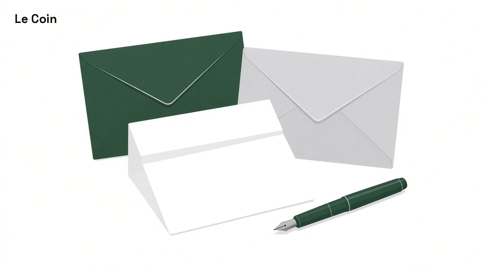 Flat illustration of two plain envelopes and a folded blank letter beside a green fountain pen.
