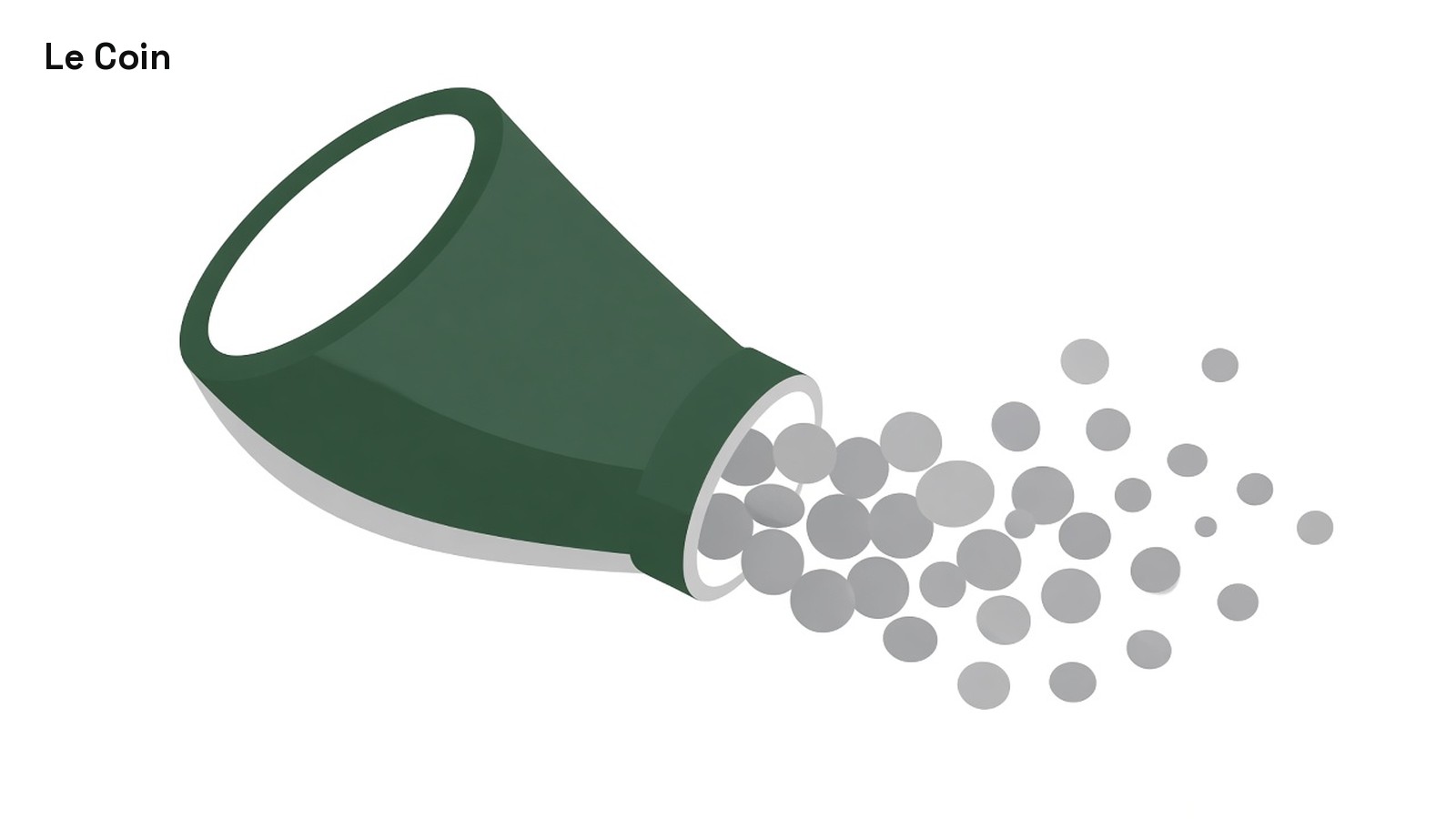 Flat illustration of a green funnel tipped on its side, with a stream of plain grey discs pouring out.