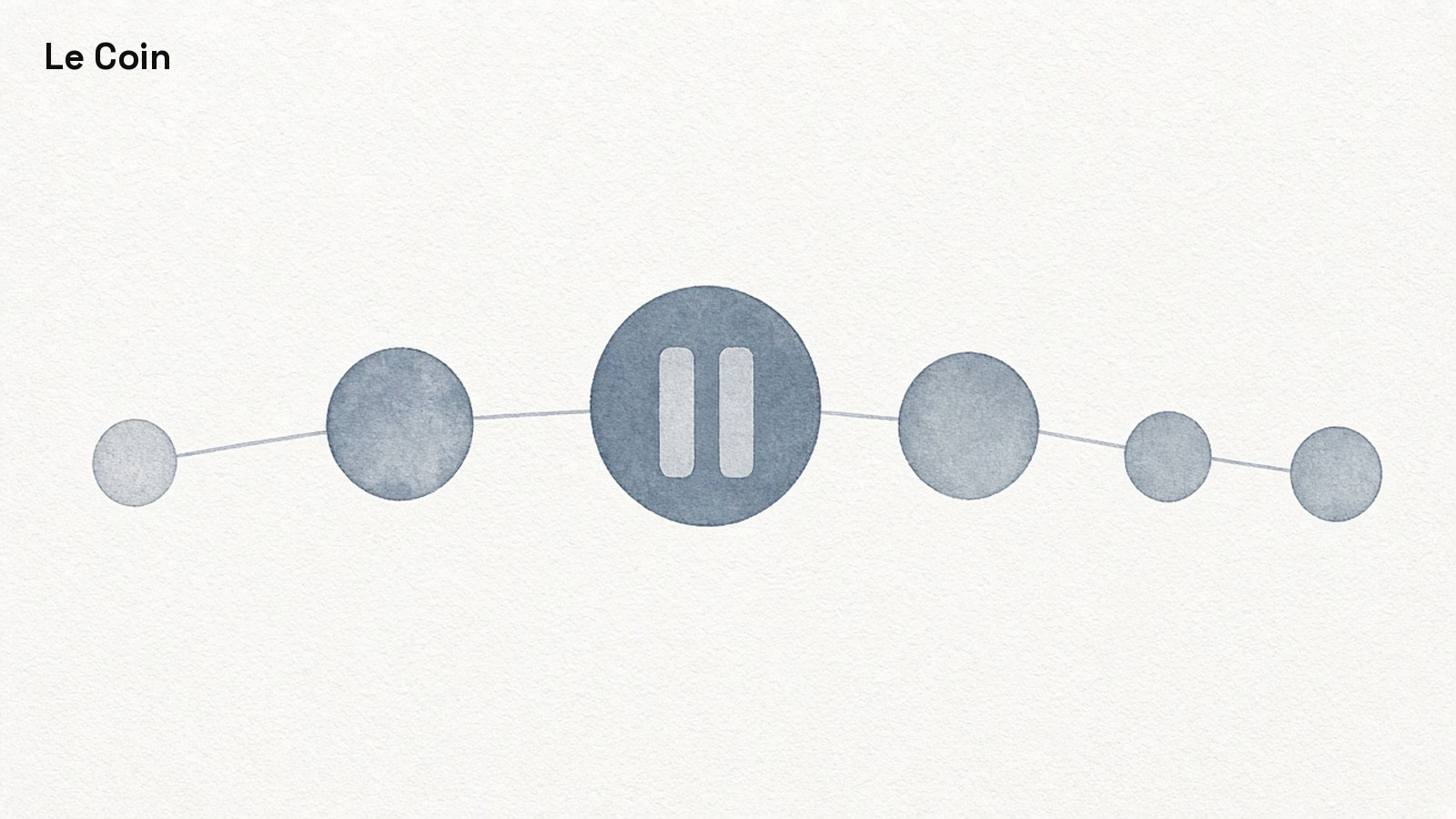 Editorial illustration of a row of grey-blue network circles joined by thin lines, with a pause symbol on the largest circle in the middle.