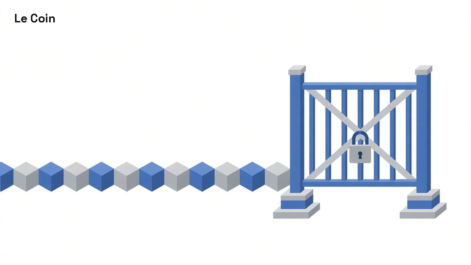 Flat illustration of a chain of blue and grey cubes running up to a closed, padlocked freestanding gate.