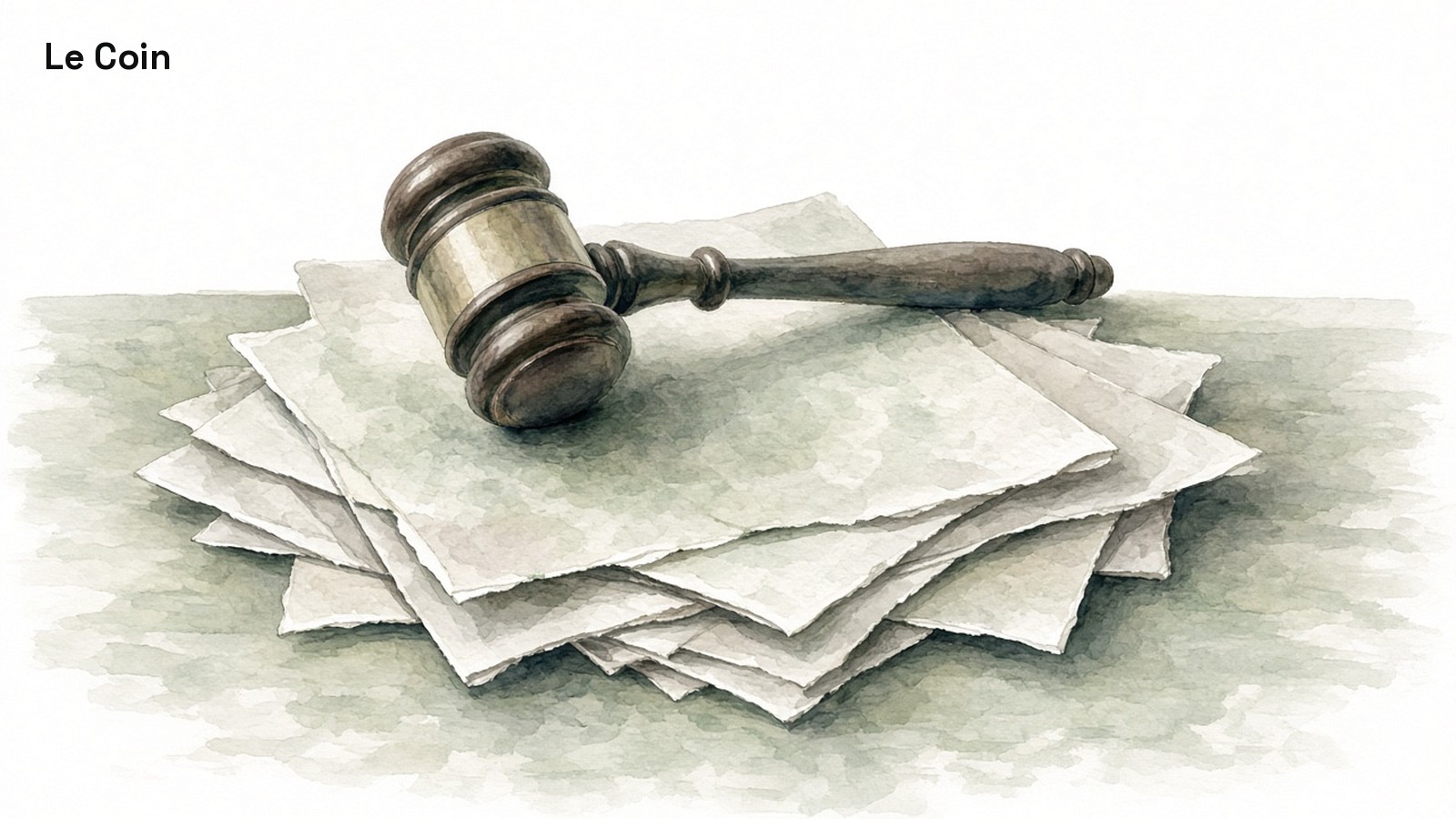 Watercolor illustration of a wooden gavel resting on a loose stack of blank papers.