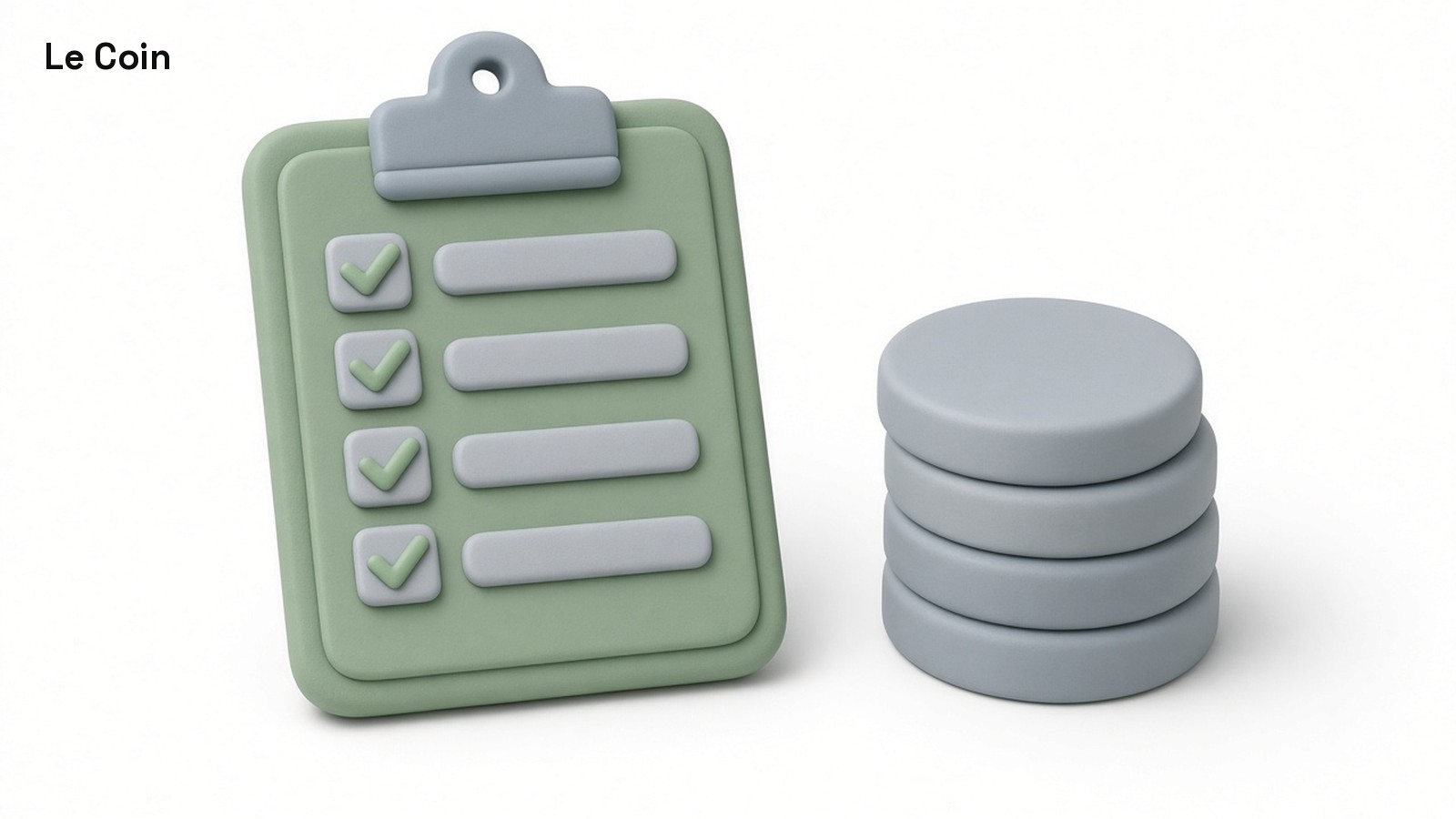 Pastel 3D illustration of a clipboard checklist with four ticked boxes beside a stack of plain grey discs.
