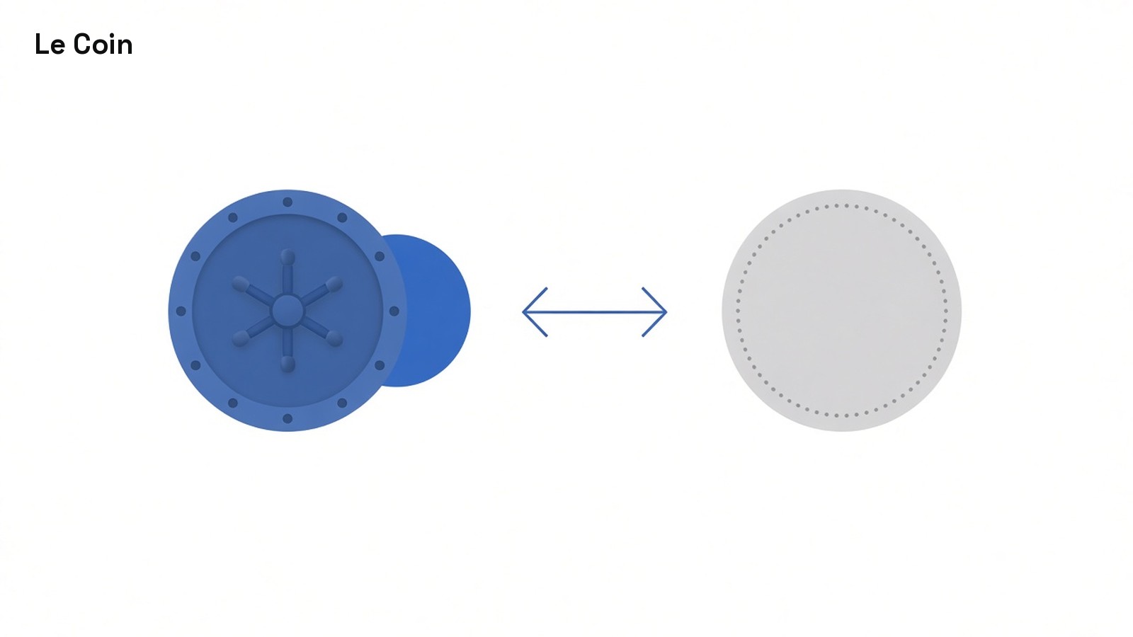 Flat illustration of a blue token coming out of a round vault door, linked by a two-way arrow to a plain grey token.