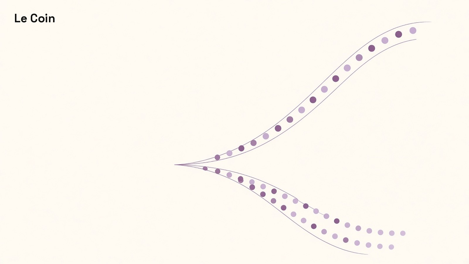 Two diverging streams of small discs, one rising and one falling, in muted plum and lilac on ivory.