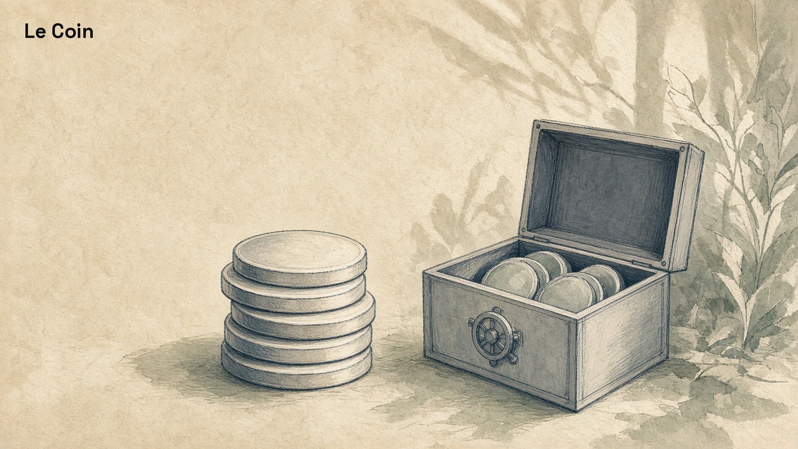Stack of plain reserve discs beside an open vault box on warm parchment in slate and sage.