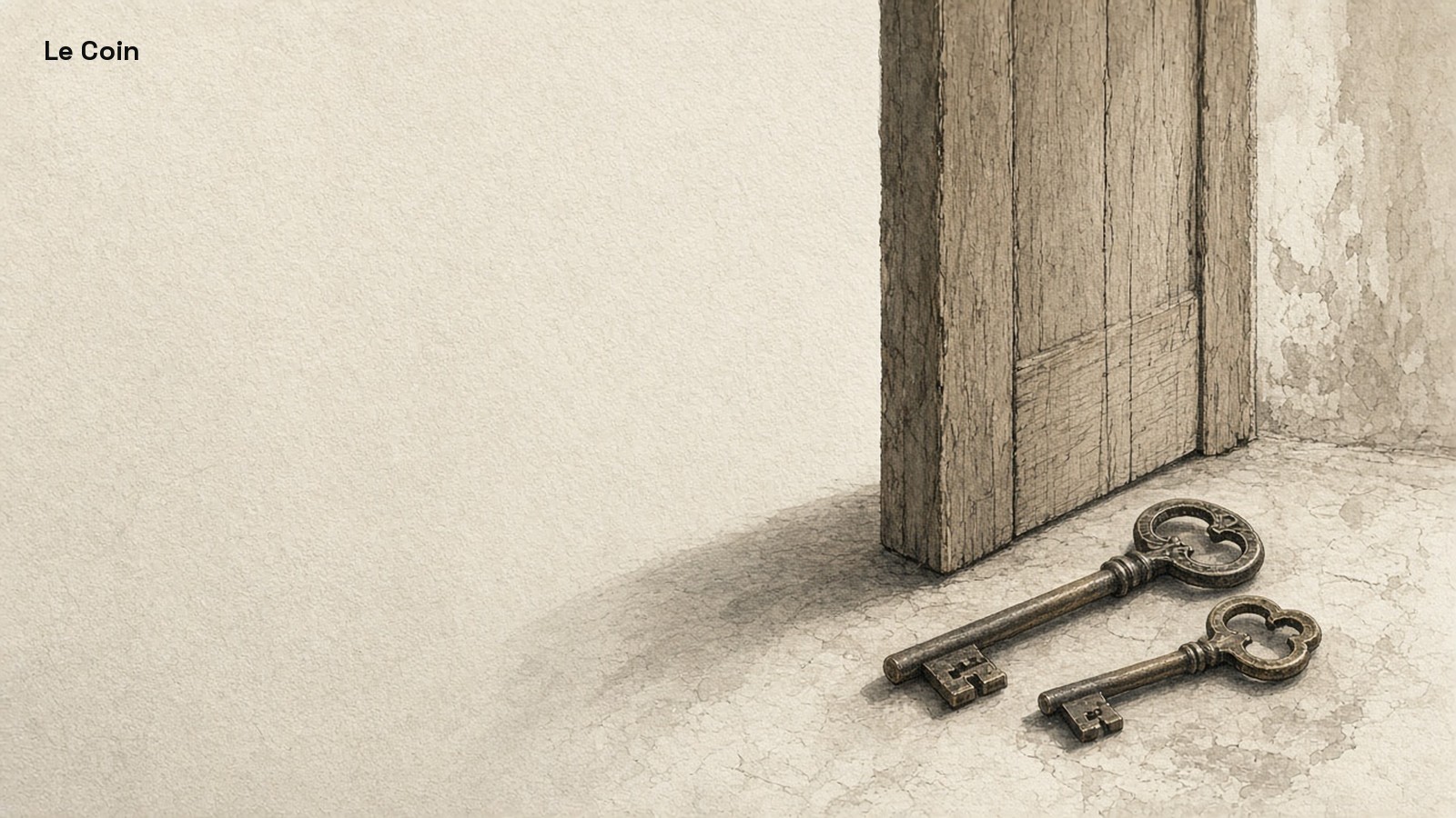 Two antique keys beside a slightly open plain wooden door on ivory ground.