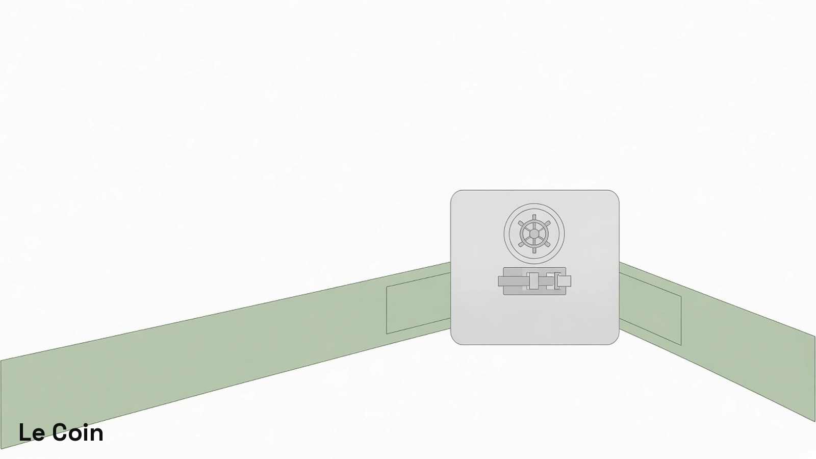 Two pale sage payment-corridor channels converge into a sealed stone-grey vault block on a warm off-white ground.