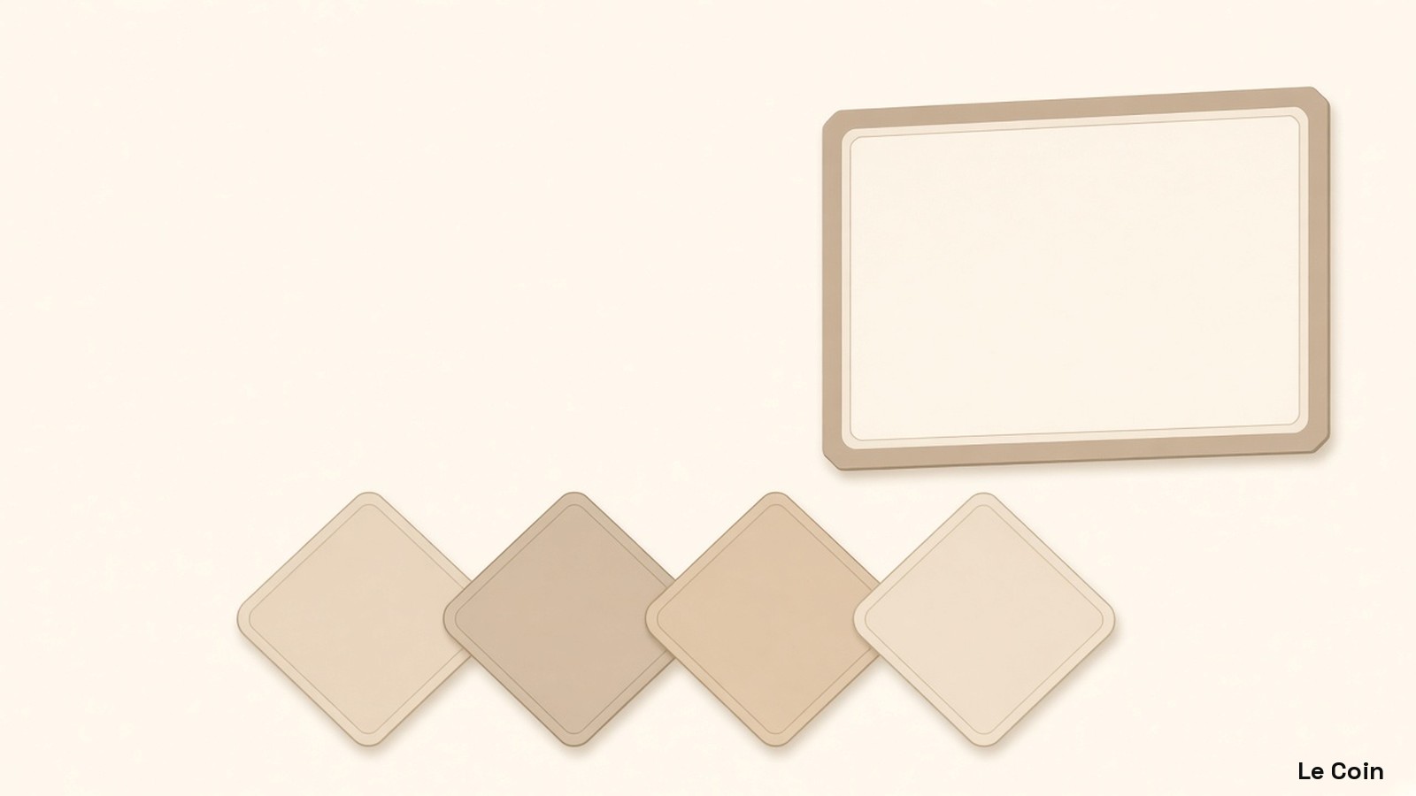 A blank share-certificate tile rests on a short chain of plain link tiles in warm taupe and soft sand on ivory.