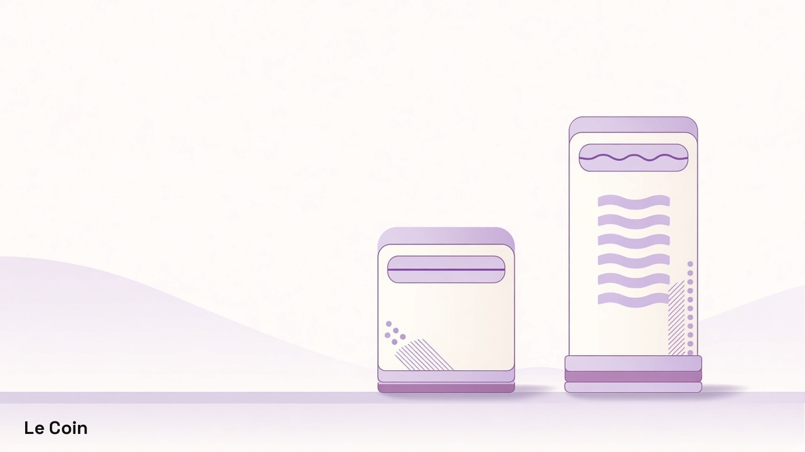 Two abstract vertical meters side by side on ivory ground — a short nearly level stock meter beside a taller more active payments meter — in soft plum and lilac.