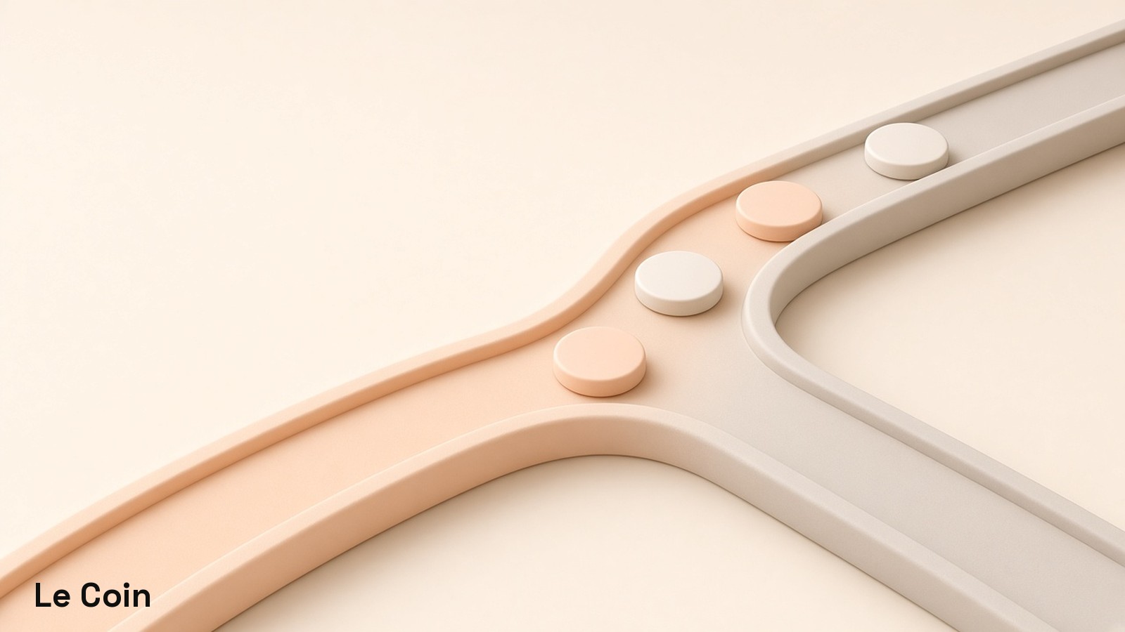 Two soft apricot payment-rail channels on a cream ground converging into one wider channel with a few plain smooth discs flowing along the join.