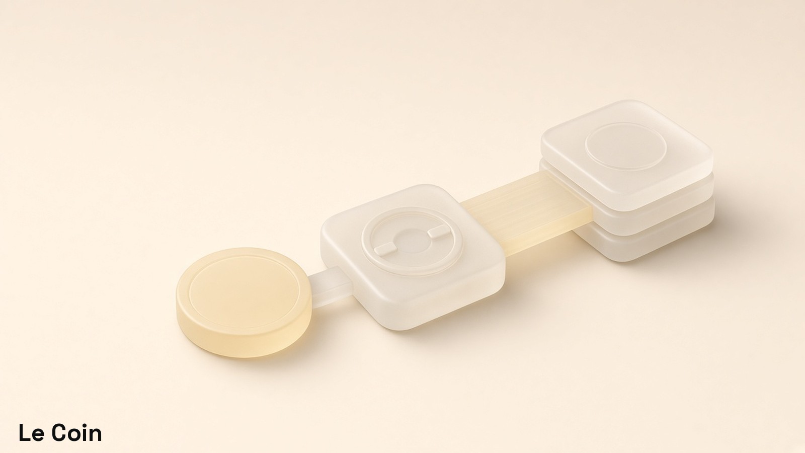 A round stablecoin disc leads through a bank-vault tile and T-bill strip into a small stack of equity share tiles on a butter-cream ground.