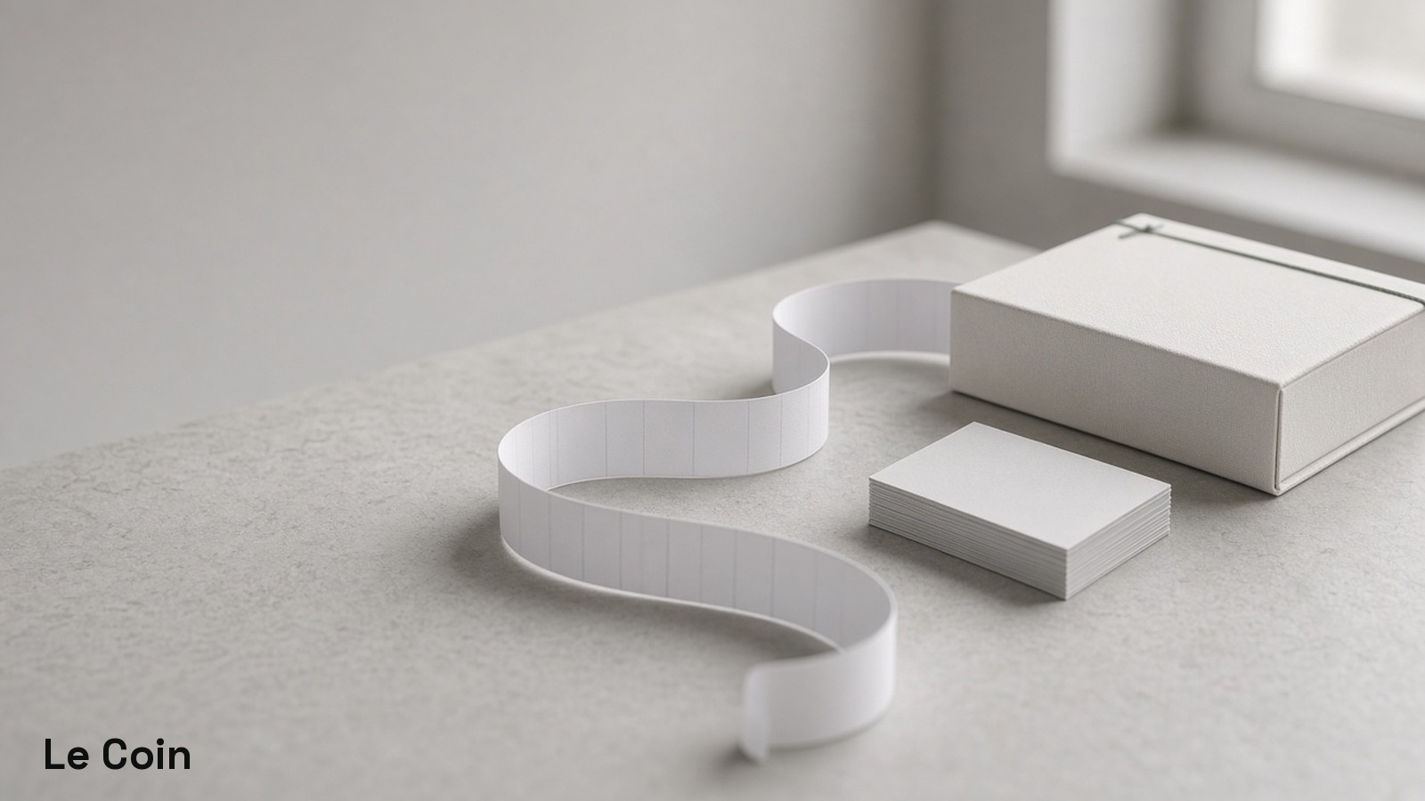 A pale rail of blank contract strips looping toward a sealed plain ledger block beside a small stack of unmarked margin cards on a quiet institutional desk in soft window light.