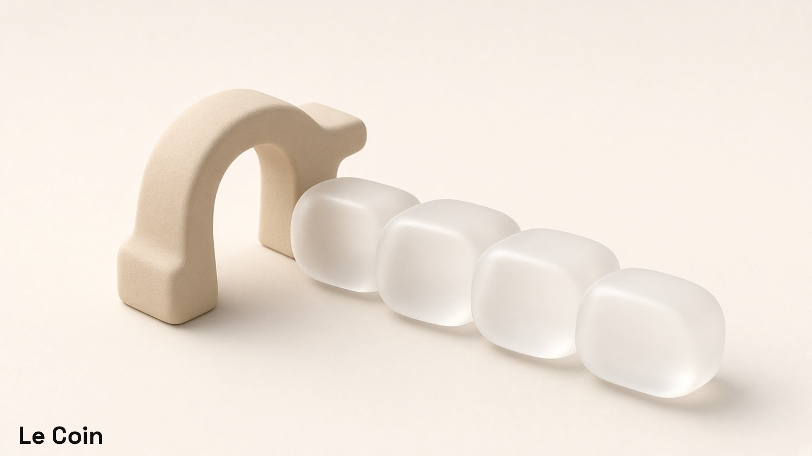 A soft-clay clearing gate opens onto a short chain of rounded frosted-glass market tiles on a warm sand-cream ground.