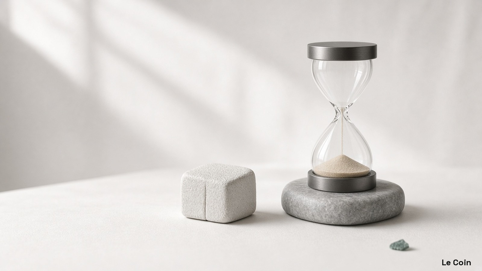 A short sand timer beside a plain up/down market tile on clean white with a tiny dusty-sage accent.