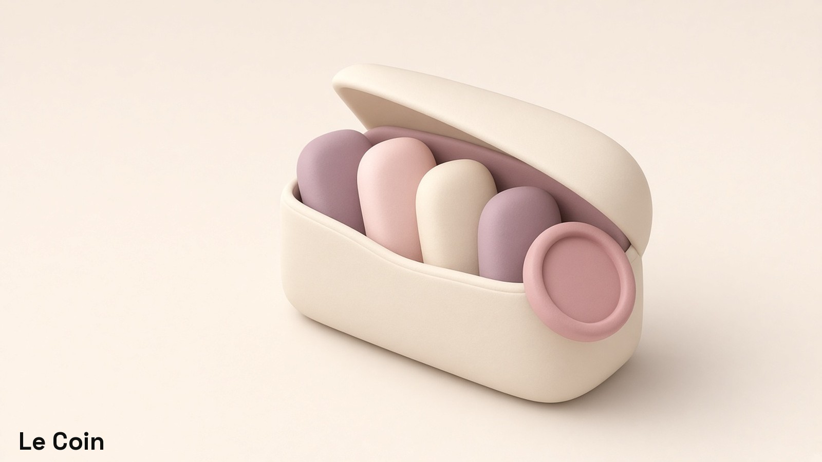 A cream wallet opens onto a short row of rounded lending tiles beside a soft rose coin on a mauve-cream ground.