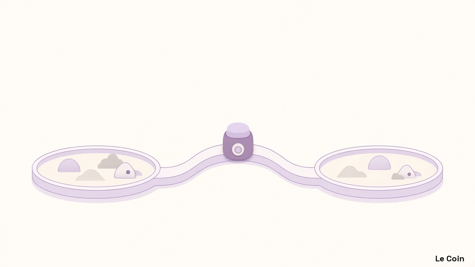 Flat vector of a soft clay policy switch linking two quiet settlement trays in soft plum, pale lilac and ivory.