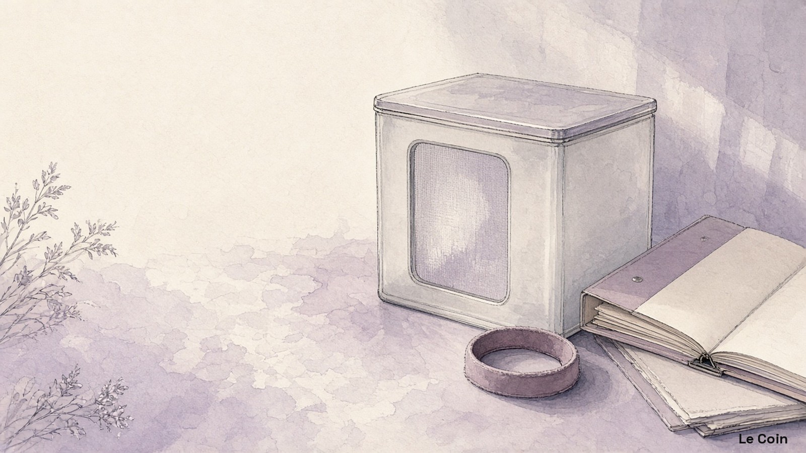 Editorial still-life of a sealed frosted chamber with a screened aperture and one muted mauve disclosure ring beside open binders, in soft lavender, cream and muted mauve.