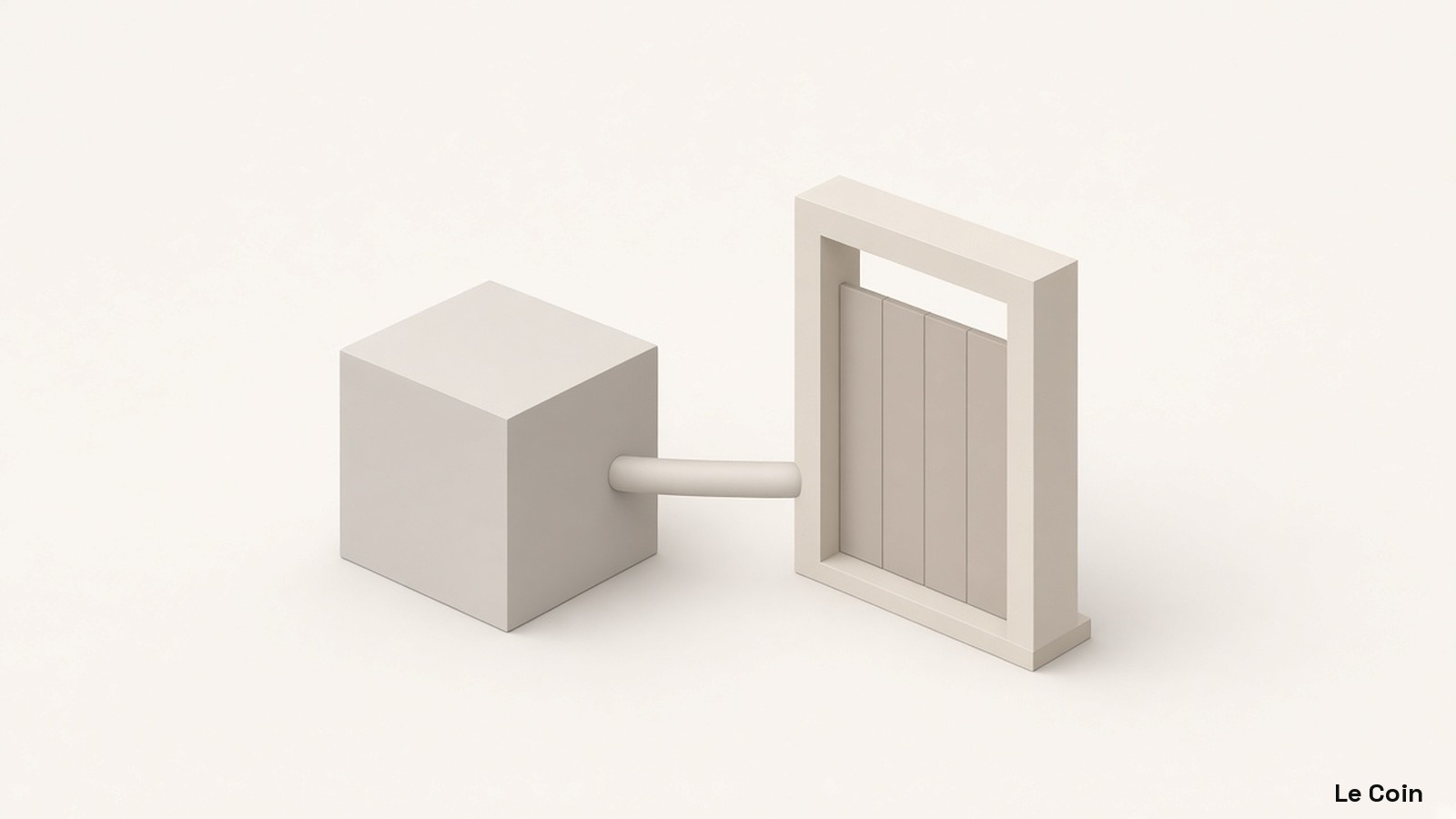 Flat geometric custody cube bridged by a soft conduit to a gated exchange portal in warm grey, soft clay and ivory.
