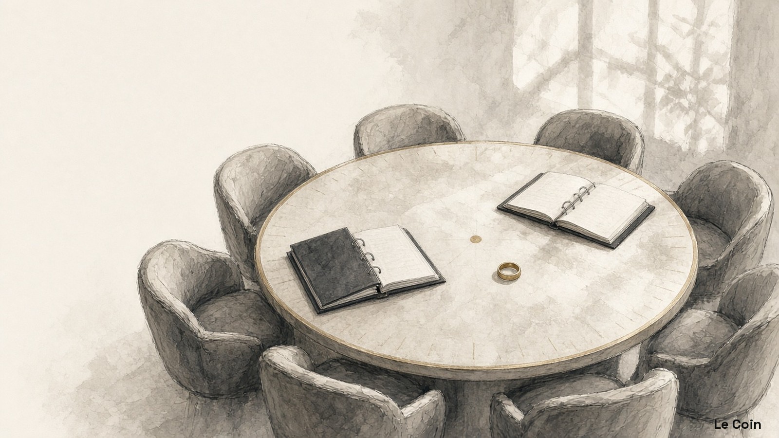 Editorial still-life of an empty soft-clay-chair roundtable around a continuous clock dial with open binders and one muted gold ring, in charcoal ink, warm ivory and muted gold.