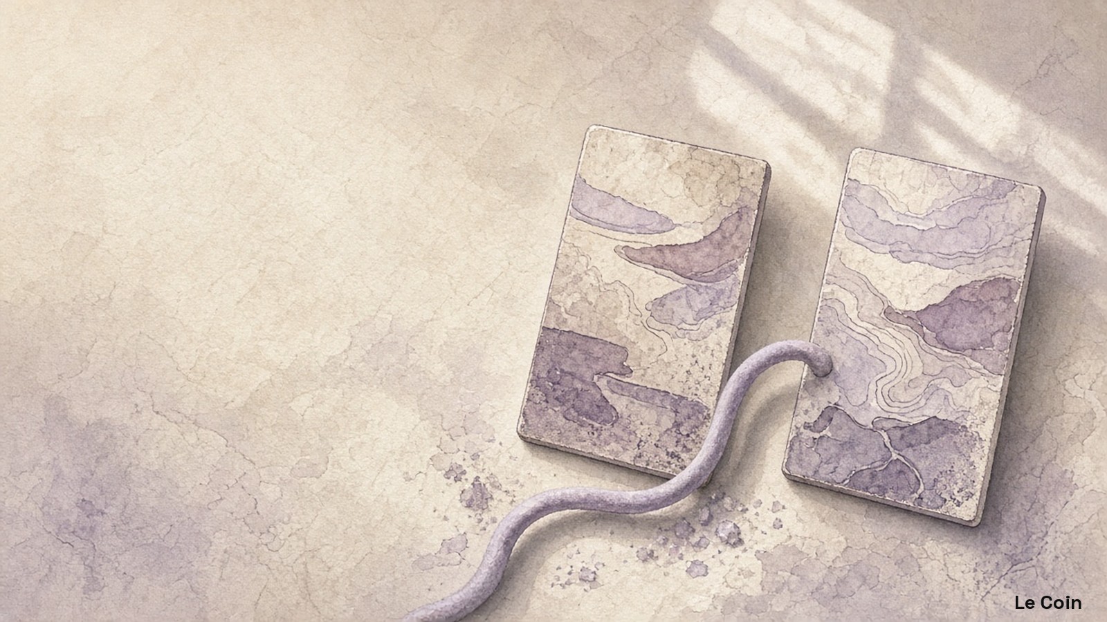 Editorial still-life of twin vault assessment cards linked by a soft clay data thread in soft lavender, cream and muted mauve.