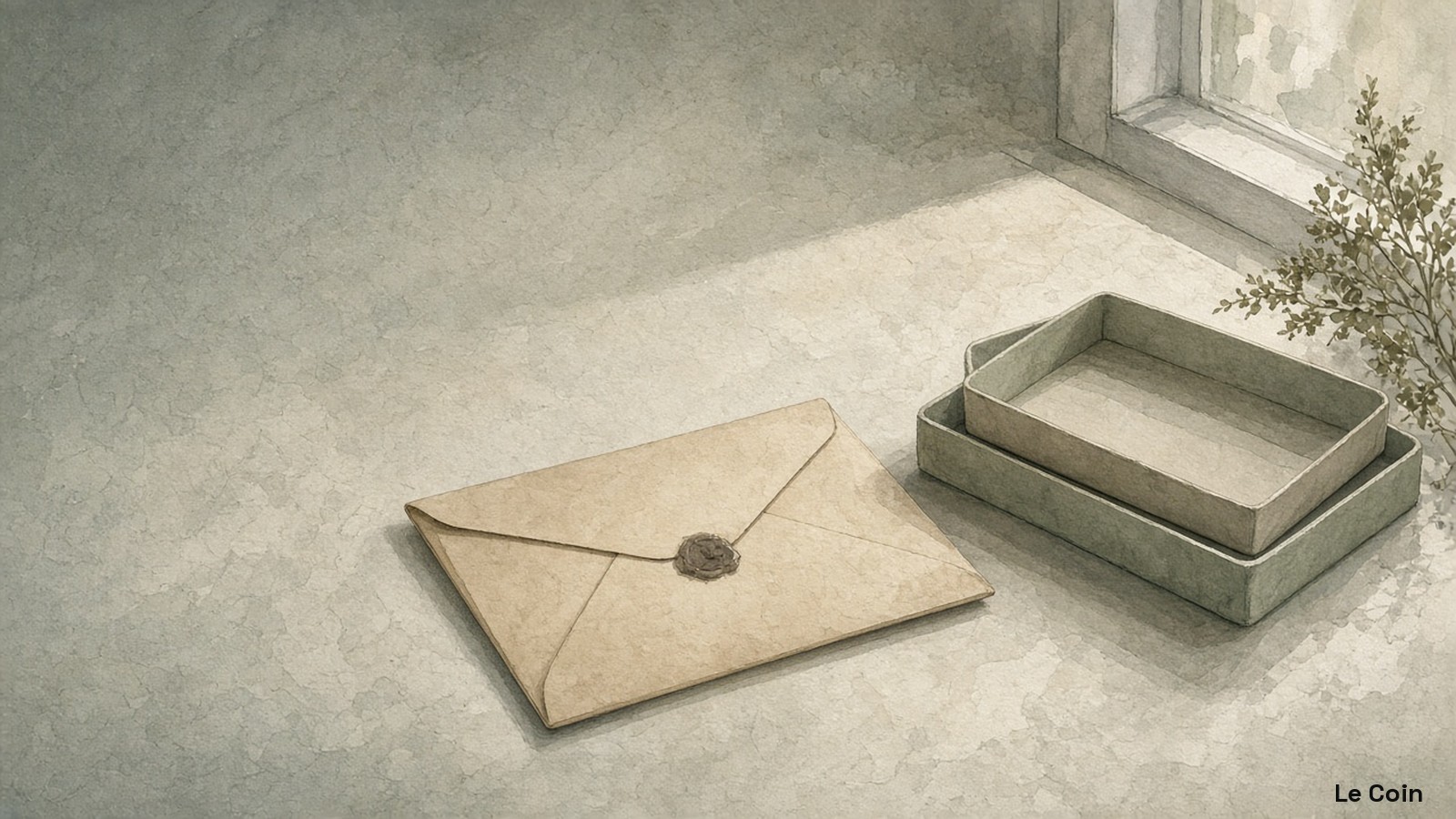 Editorial still-life of a sealed unmarked letter beside two quiet unmarked trays in warm parchment, soft sage and muted stone.