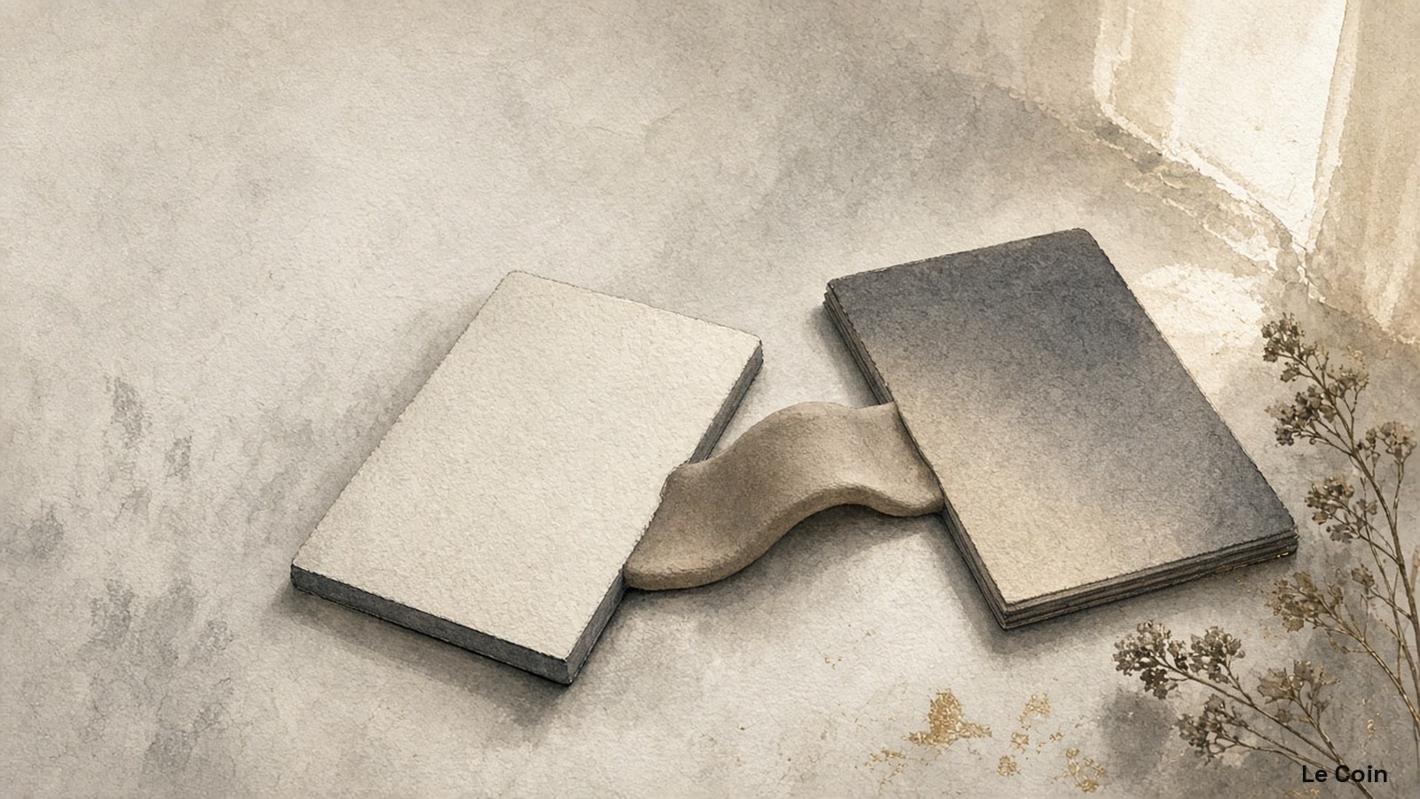 Editorial still-life of twin ledger cards linked by a soft clay rail in charcoal ink, warm ivory and muted gold.