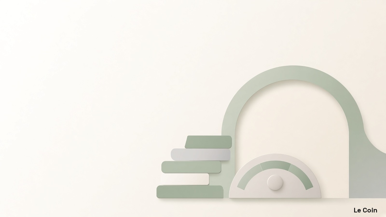 Flat vector of soft geometric bars and a quiet clay gauge under a gentle arch in muted sage, stone grey and warm ivory.
