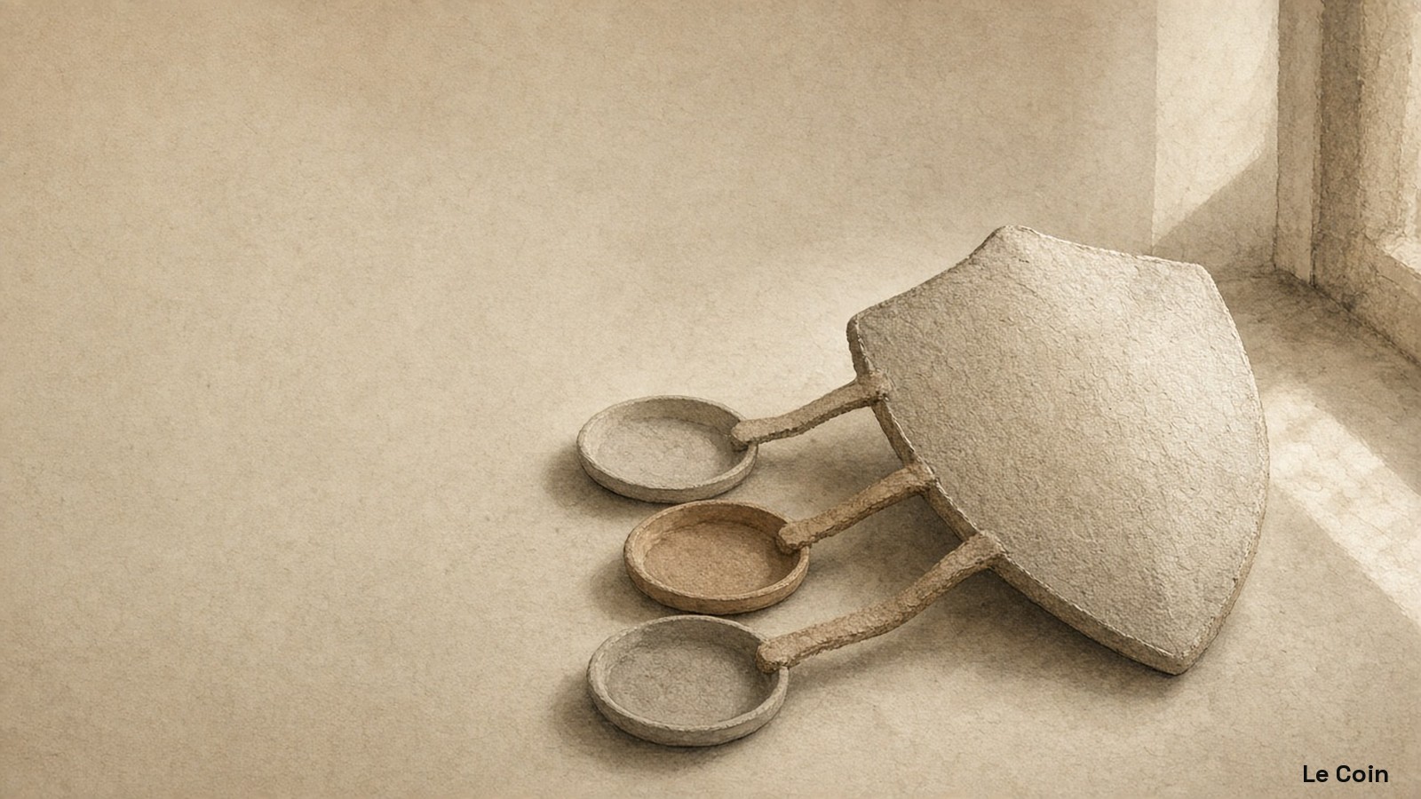 Editorial still-life of a soft parchment shield linked by quiet clay bridges to three unmarked trays in warm taupe, soft parchment and muted gold.
