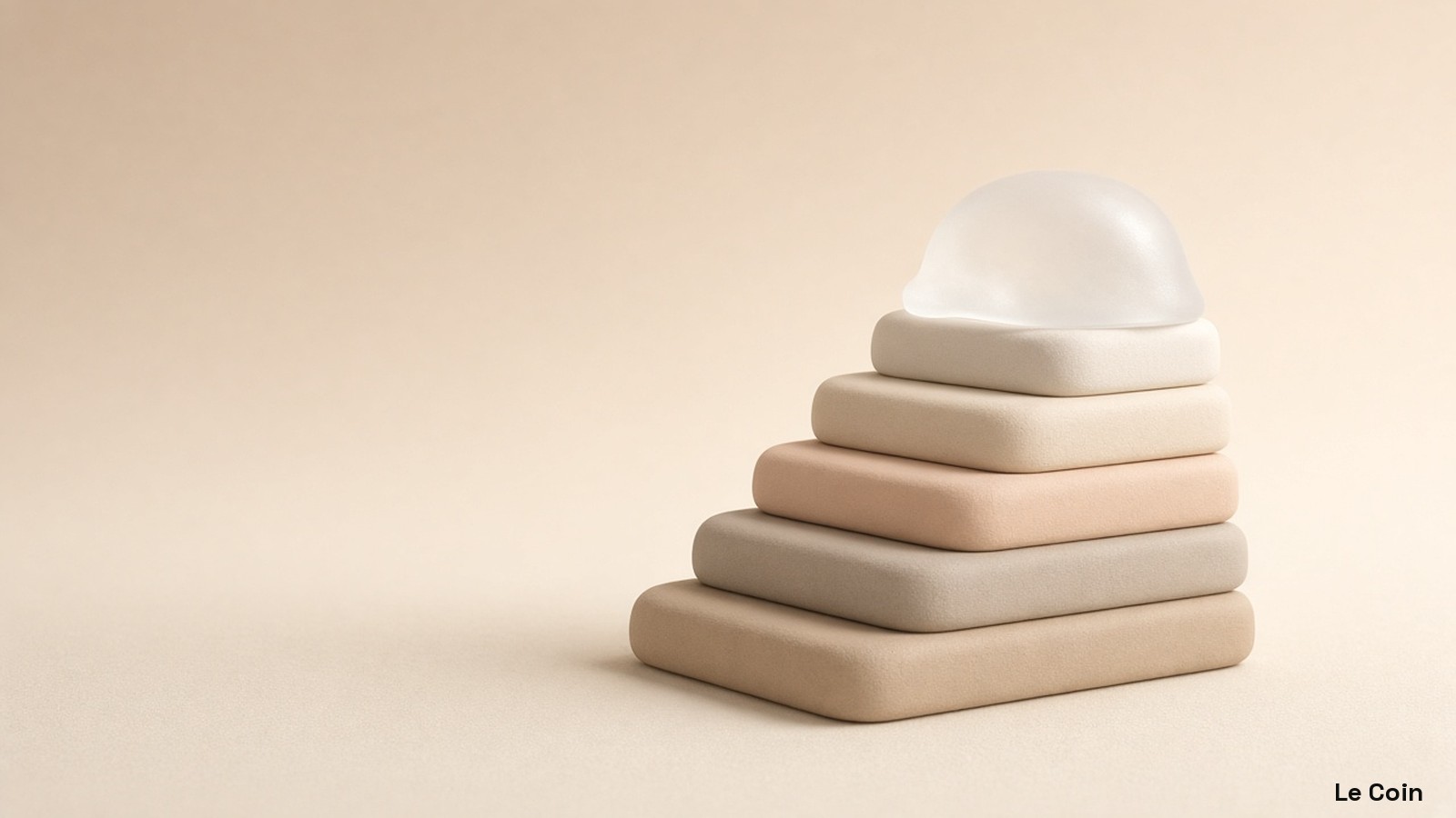 Soft pastel 3D ascending stack of rounded clay blocks to a quiet frosted crest in soft clay, warm sand and cream.